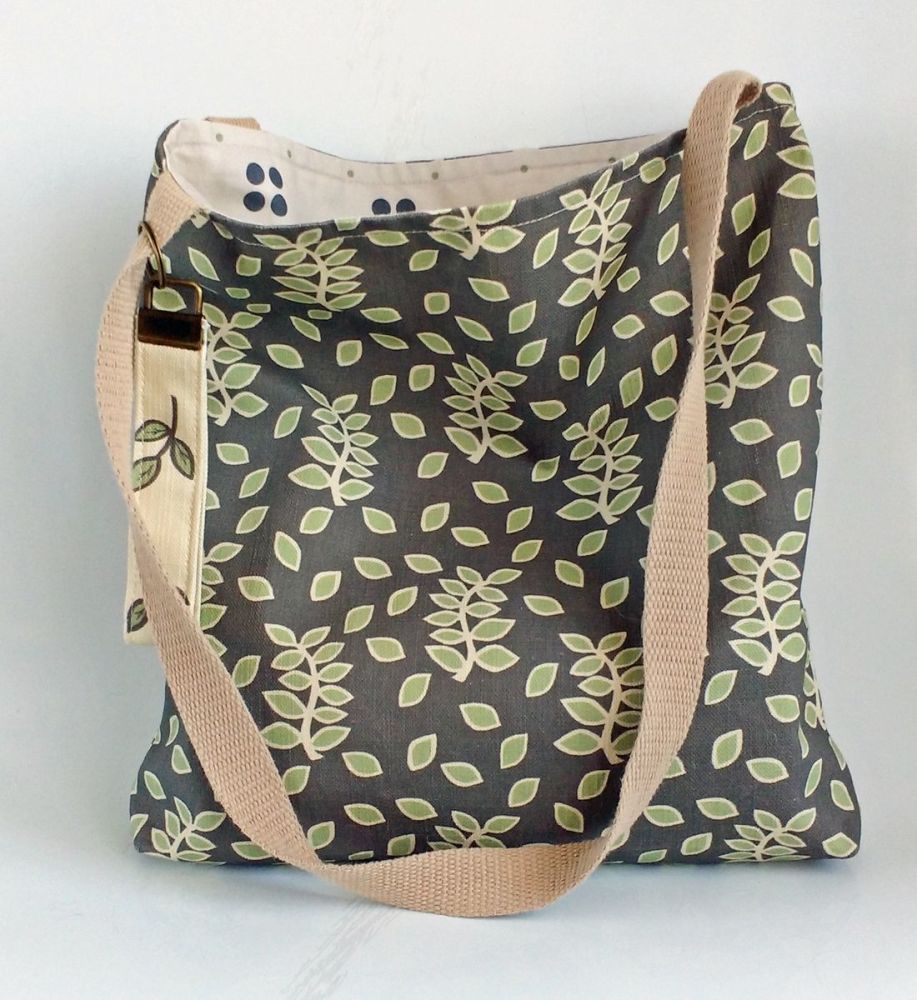 Smokey leaves tote bag with inside pocket - handmade in the Cotswolds