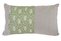 Linen lumbar cushion with a green leaves panel detail