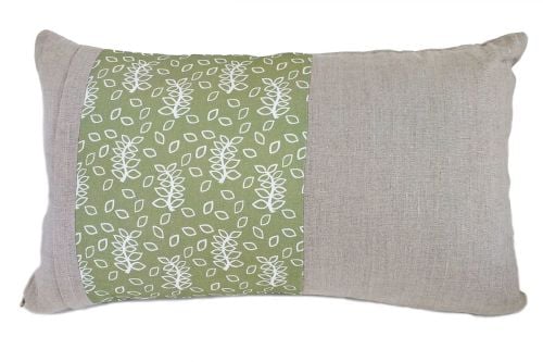 Linen lumbar cushion with a green leaves panel detail