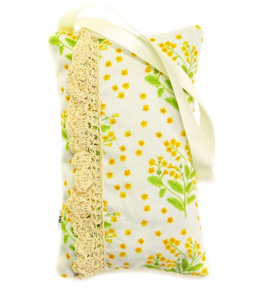 Cowslip lavender bag with linen hand crocheted lace