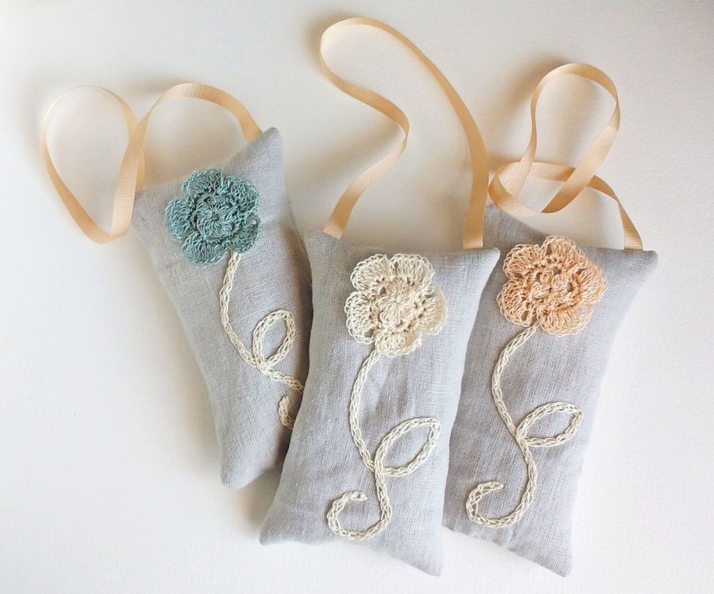 Linen with crocheted flower lavender bag