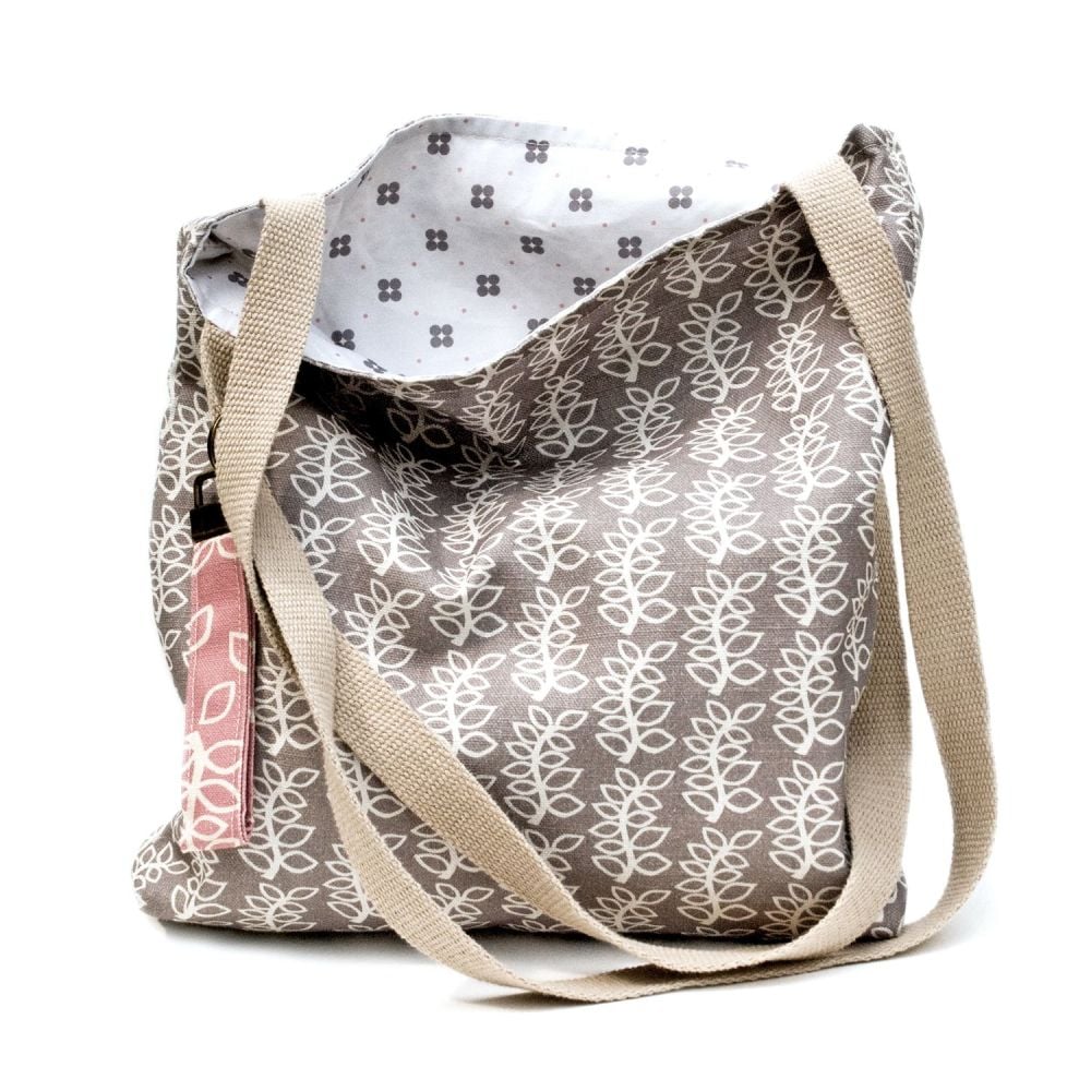 Stone grey leaves tote bag with inside pocket