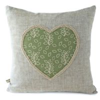 Linen cushion with lavender and green leaves heart detail