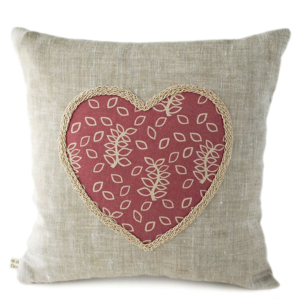 Dusky leaves linen cushion with heart detail