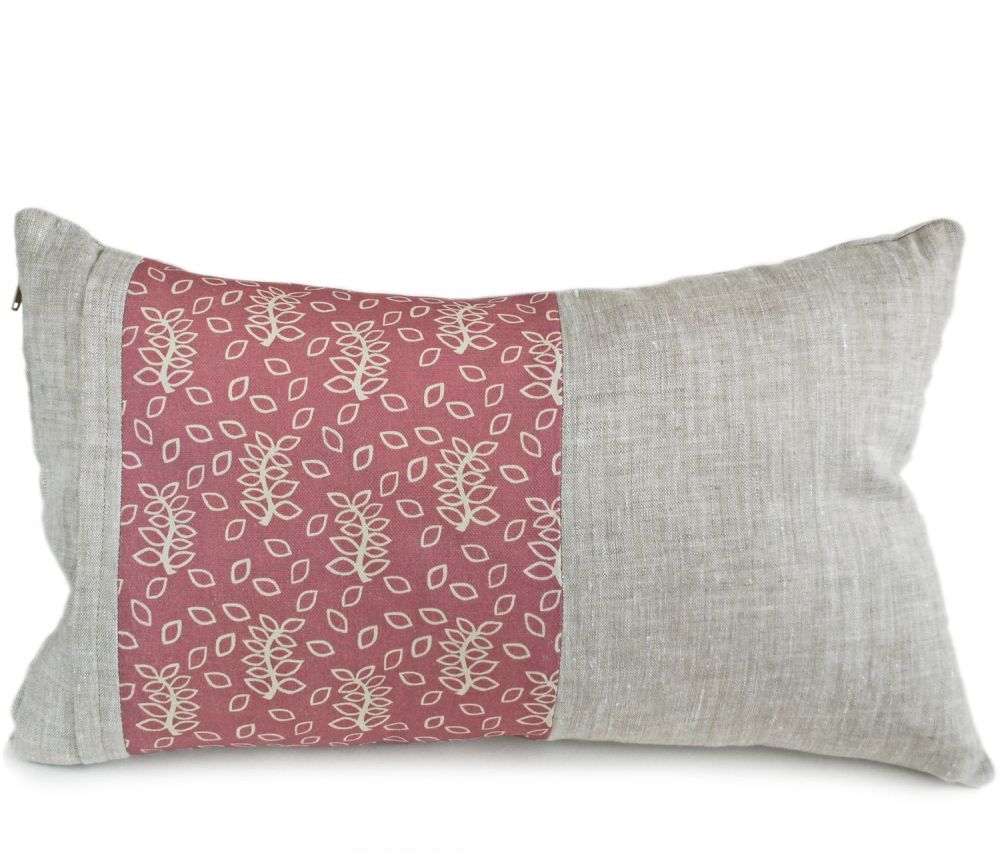 Linen lumbar cushion with a dusky rose leaves panel detail