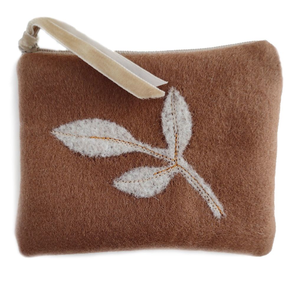 Wool felt purse in Autumn tan featuring Autumn leaves