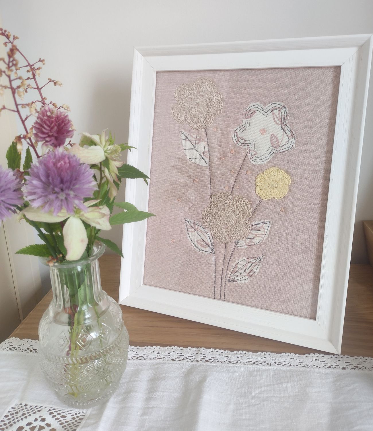 Botanical inspired handmade textile picture ercheted lavender guifts