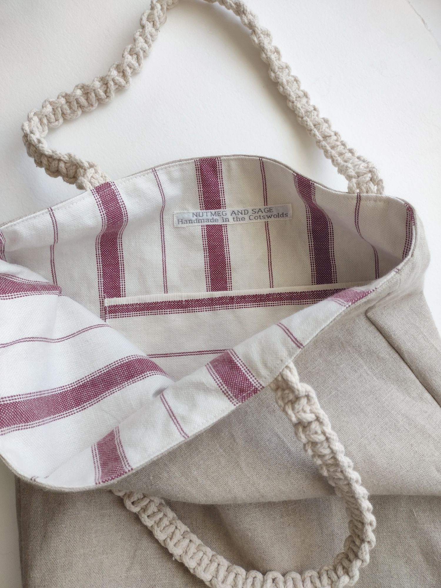 Linen tote with macrame handles