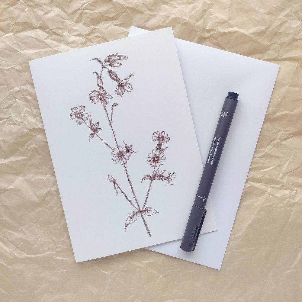 Sepia floral red campion greetings card