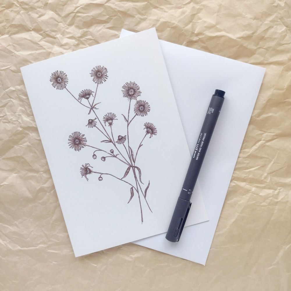 Sepia floral fleabane greetings card