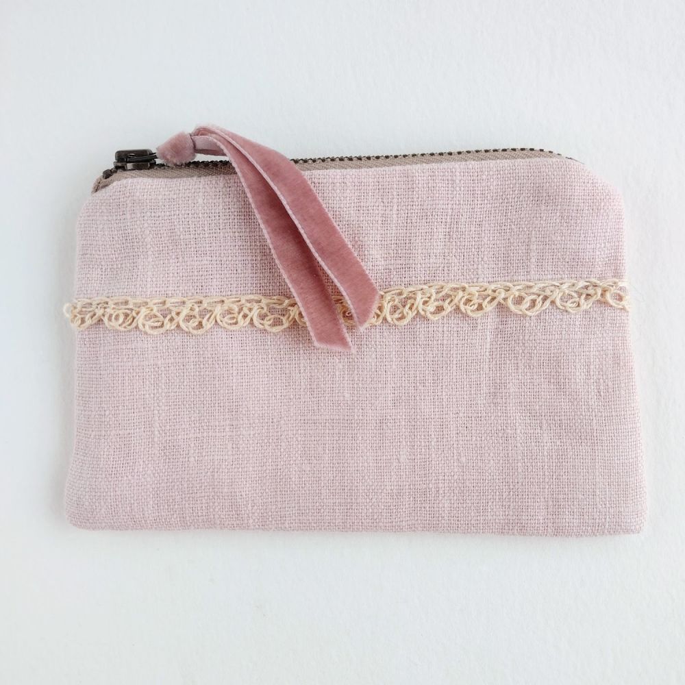 Blush linen coin purse with crochet trim