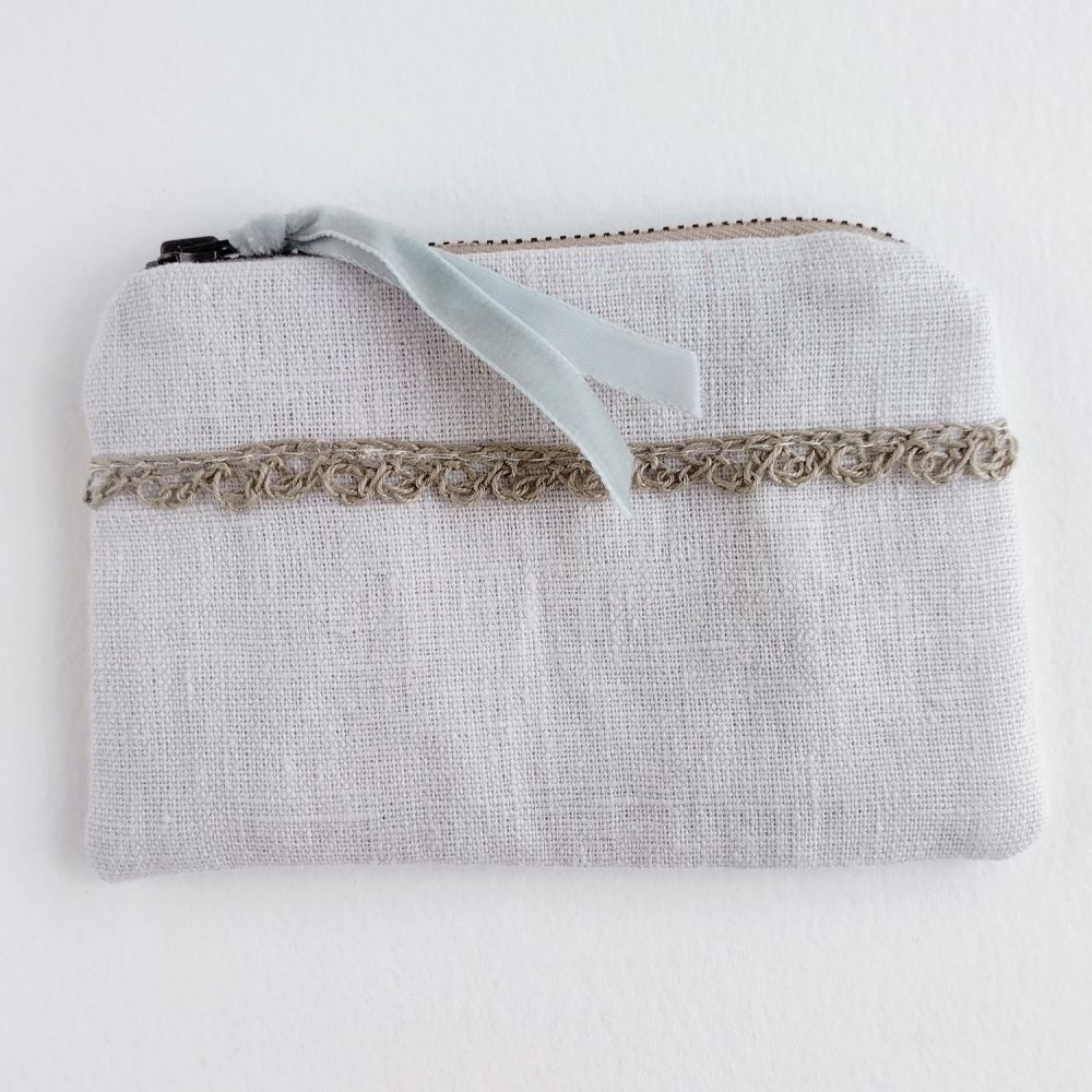Cloud grey linen coin purse with crochet trim