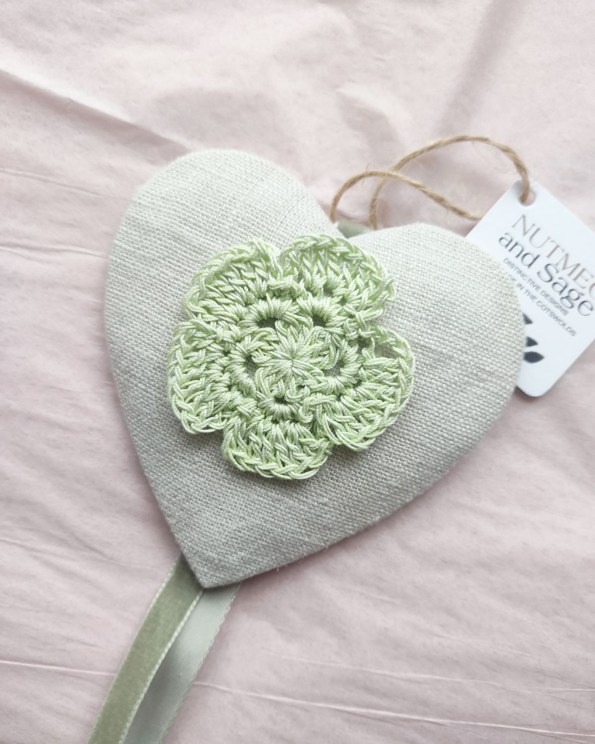 Hand made linen heart with crocheted flower