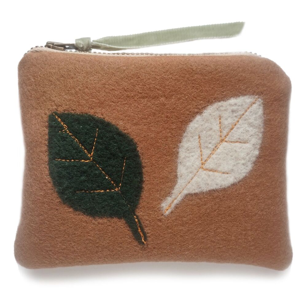 Wool felt leaves purse in autumn brown