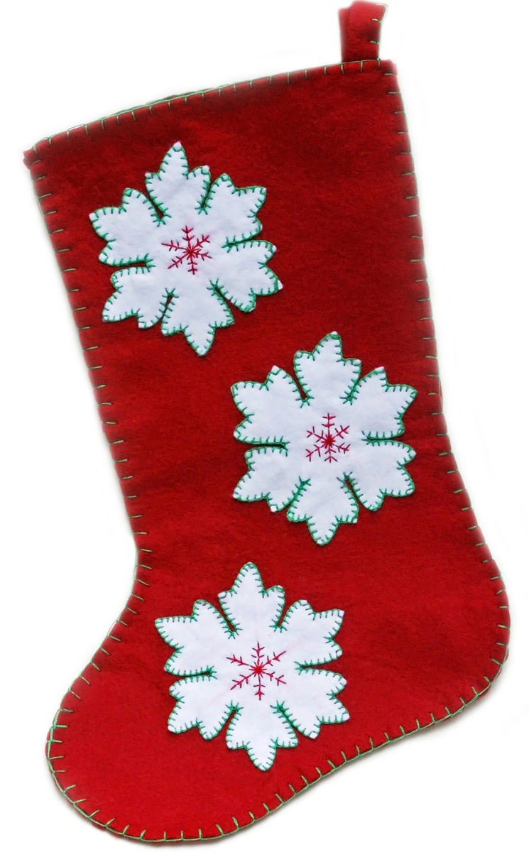 Red wool felt stocking with snowflakes