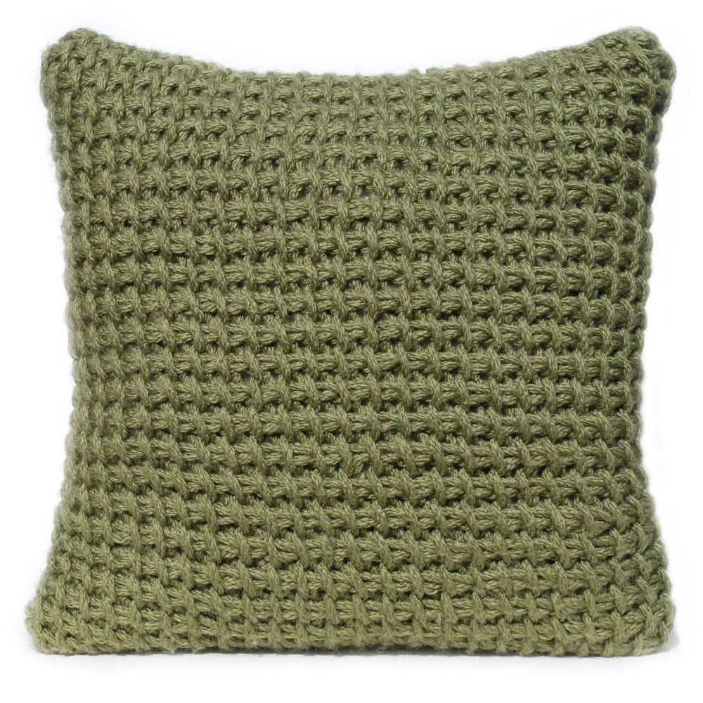Tunisian crocheted cushion in olive