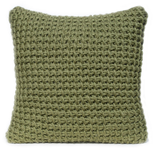 Tunisian crocheted cushion in olive