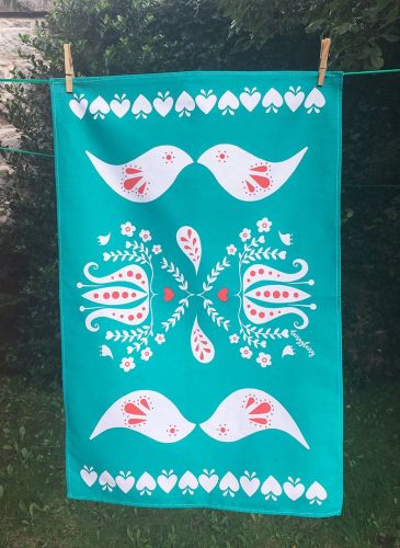 Love bird tea towel - turquoise/red