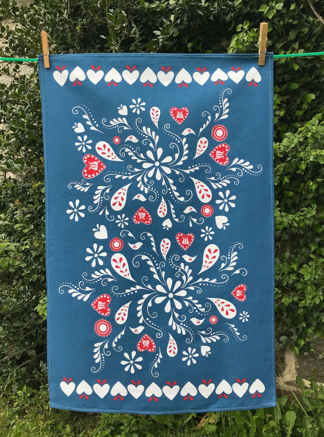 Folk art tea towel - blue