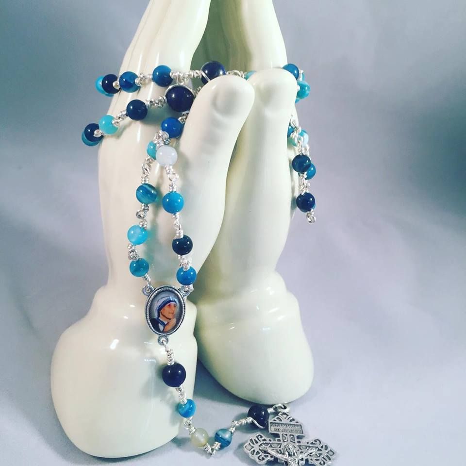 Bespoke Lapis Lazuli, Blue Striped agate Saint Teresa Rosary Beads with Fai