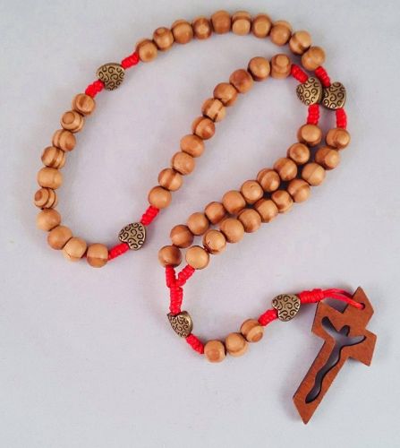 Knotted Cord Rosary Beads - Burly Wood and Brass Heart