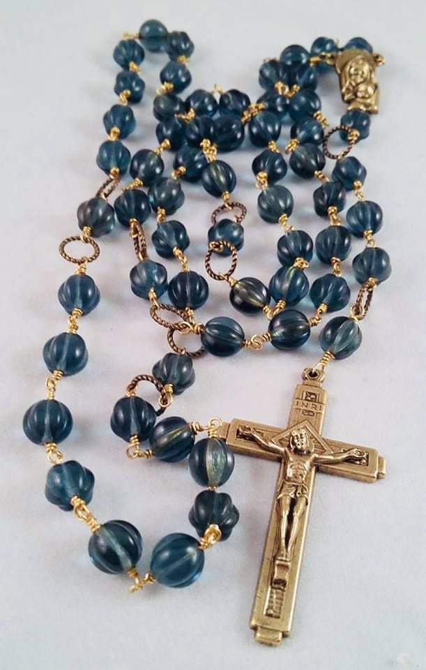 Virgin Most Merciful - Montana Blue Czech Pressed Glass Rosary Beads