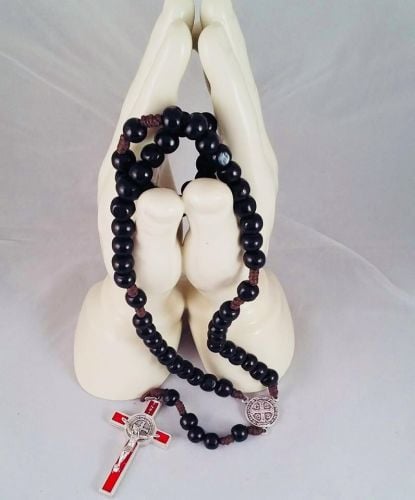 Saint Benedict Black Wooden Rosary Beads - Red Crucifix