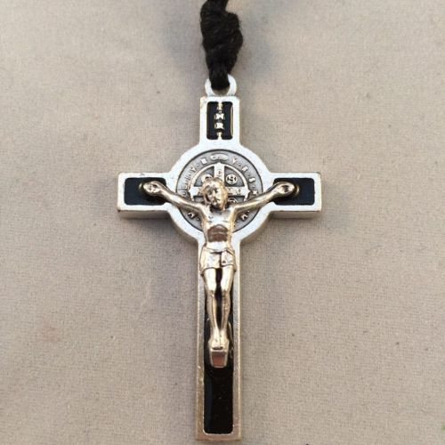 Saint Benedict Crucifix on Black Cord - Black Enamel