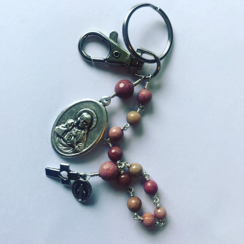 Rosary and Scapular Decade Keychain - Rhodonite