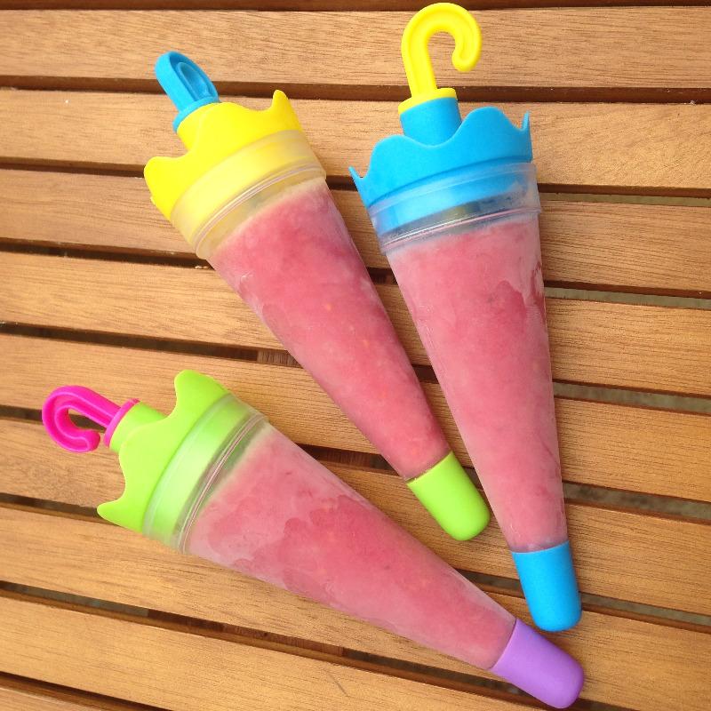 homemade raspberry coconut milk drink banana smoothie ice lollies pops - ly