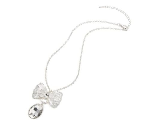 Large Silver Bow Neckalce with Teardrop Crystal