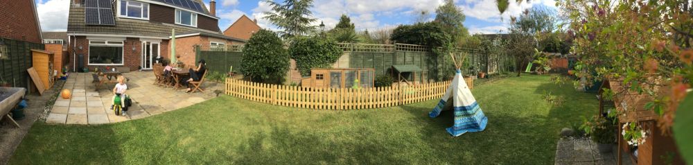 A panoramic photo of our garden and makeover progress