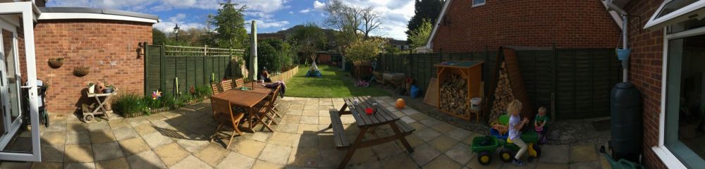 A panoramic photo of our garden and makeover progress