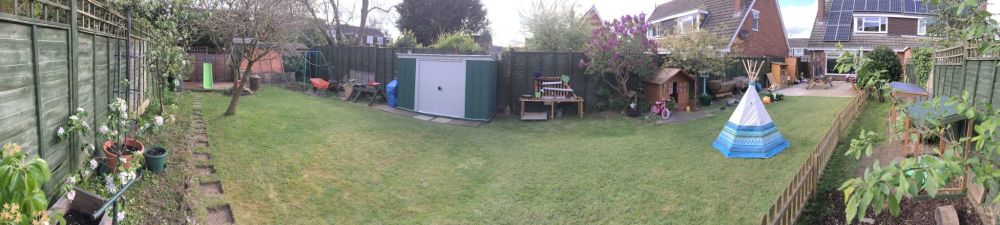 A panoramic photo of our garden and makeover progress