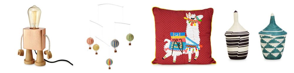 robo lamp, hot air balloon mobile, llama cushion, handwoven friendship bask