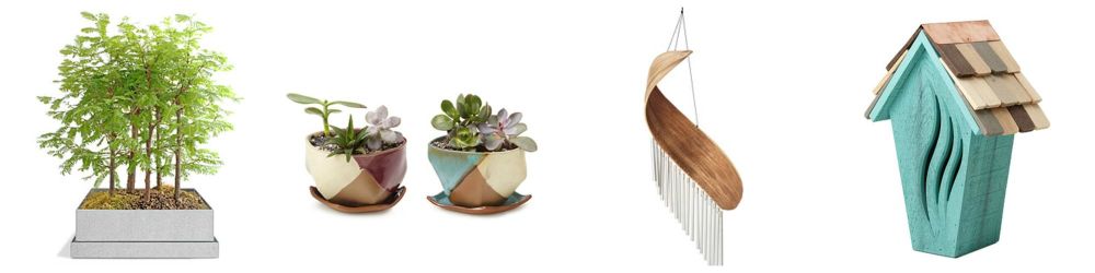 bonsai forest, planters, wind chime and birdhouse from uncommongoods
