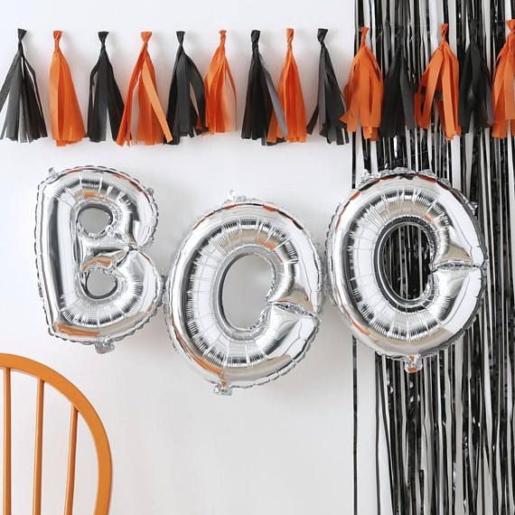 Halloween Costume and D&eacute;cor Inspiration from Etsy silver BOO balloons