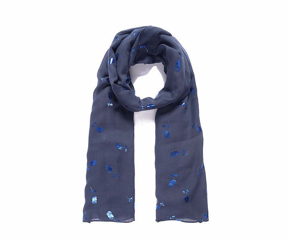 Blue Metallic Roses Print Scarf