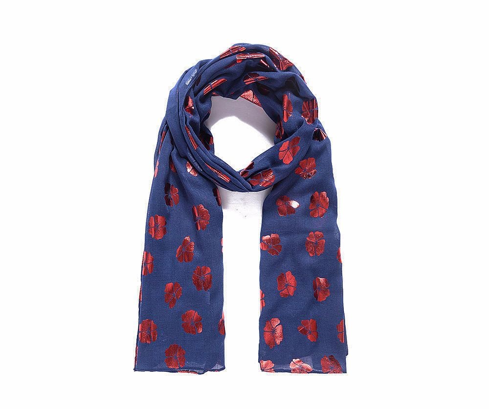 Blue and Red Metallic Poppy Print Scarf