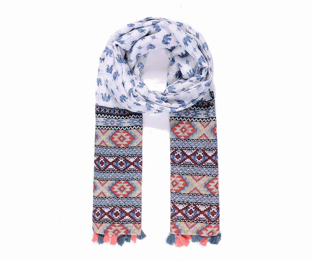 Blue Patterned Elephant Print Tassel Scarf