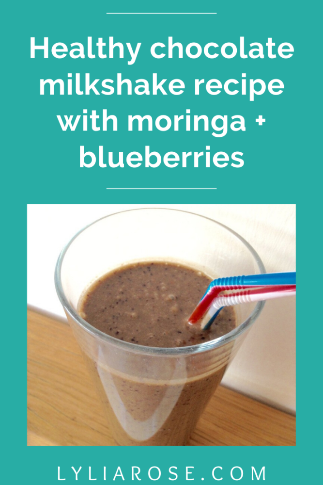 Vegan friendly healthy chocolate milkshake recipe with moringa + blueberrie