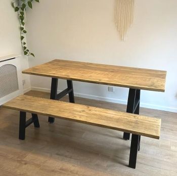 Rustic reclaimed wood dining table + bench - industrial A frame legs