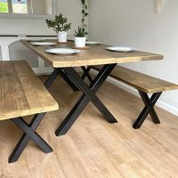 Rustic reclaimed wood dining table + bench - industrial X frame legs