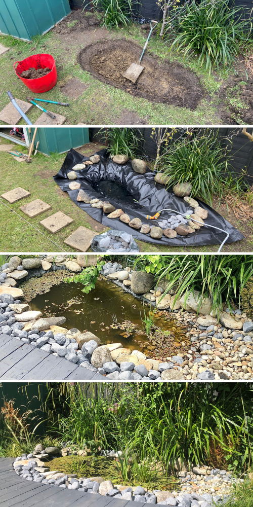 Home dug garden pond progress start to finish