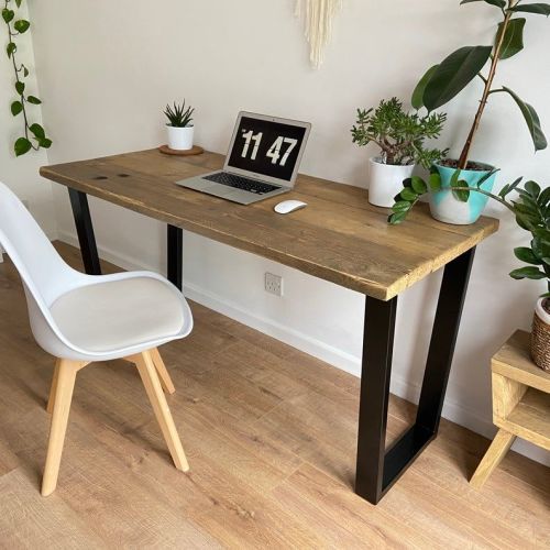 Industrial Rustic Reclaimed Wood Desk - Trapezium steel legs (black) - Comp