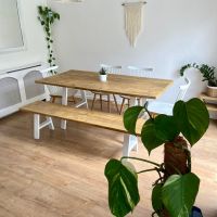 White - rustic reclaimed wood dining table + bench - industrial A frame legs