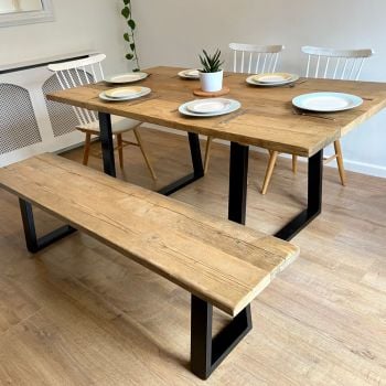 Rustic reclaimed wood dining table + bench - industrial trapezium frame legs