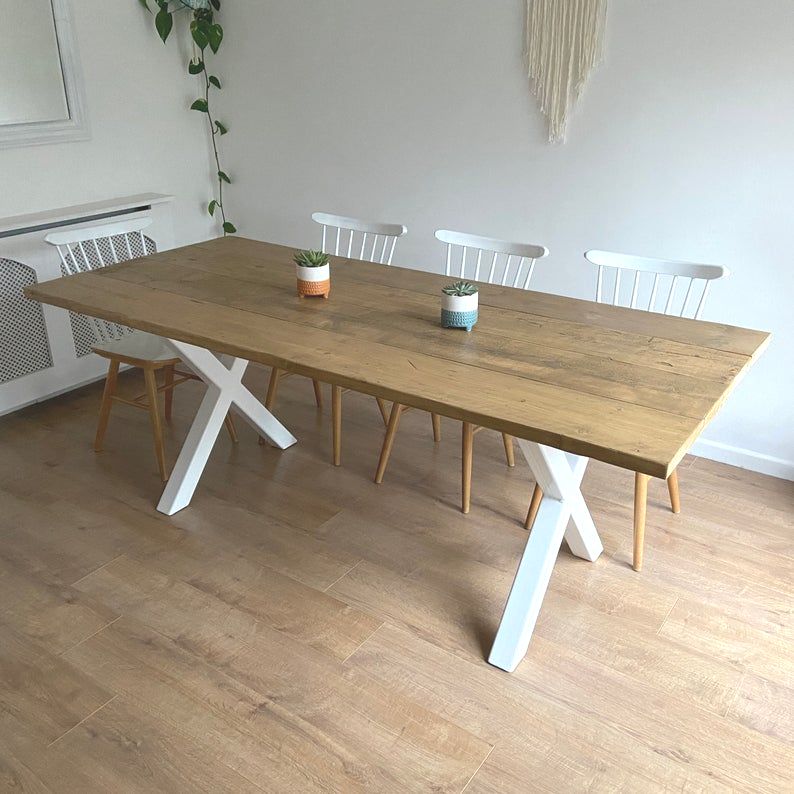 Rustic reclaimed wood dining table + bench - industrial white X frame legs
