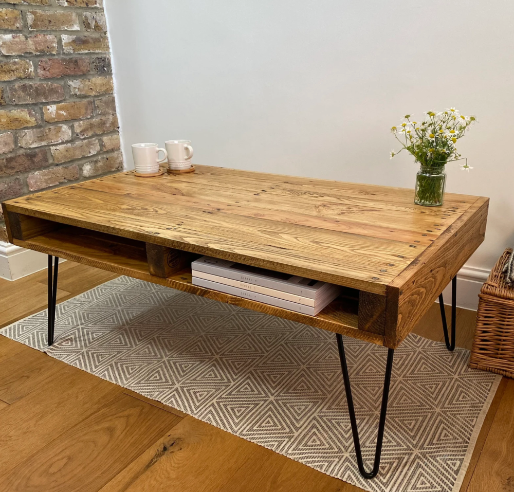 Handmade rustic coffee table upcycled wood hairpin legs