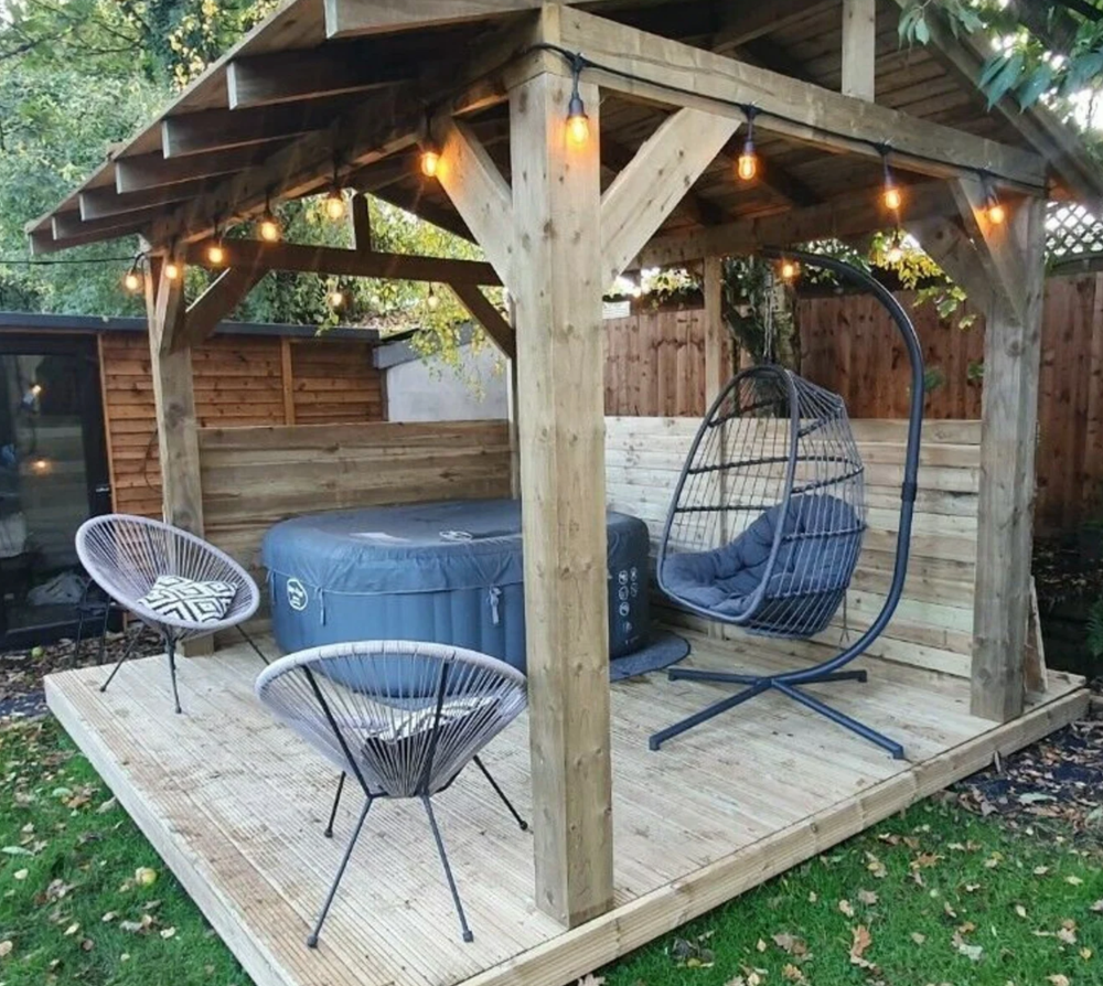 rustic wooden gazebo hot tub